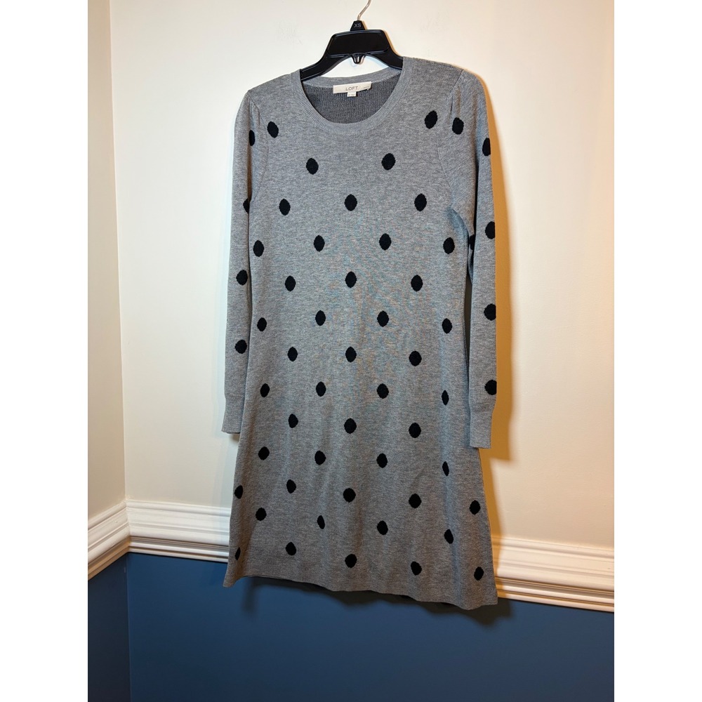 LOFT Sweater Dress Womens MP Medium Petite Grey Polka Dot Wool Blend Knit A-Line